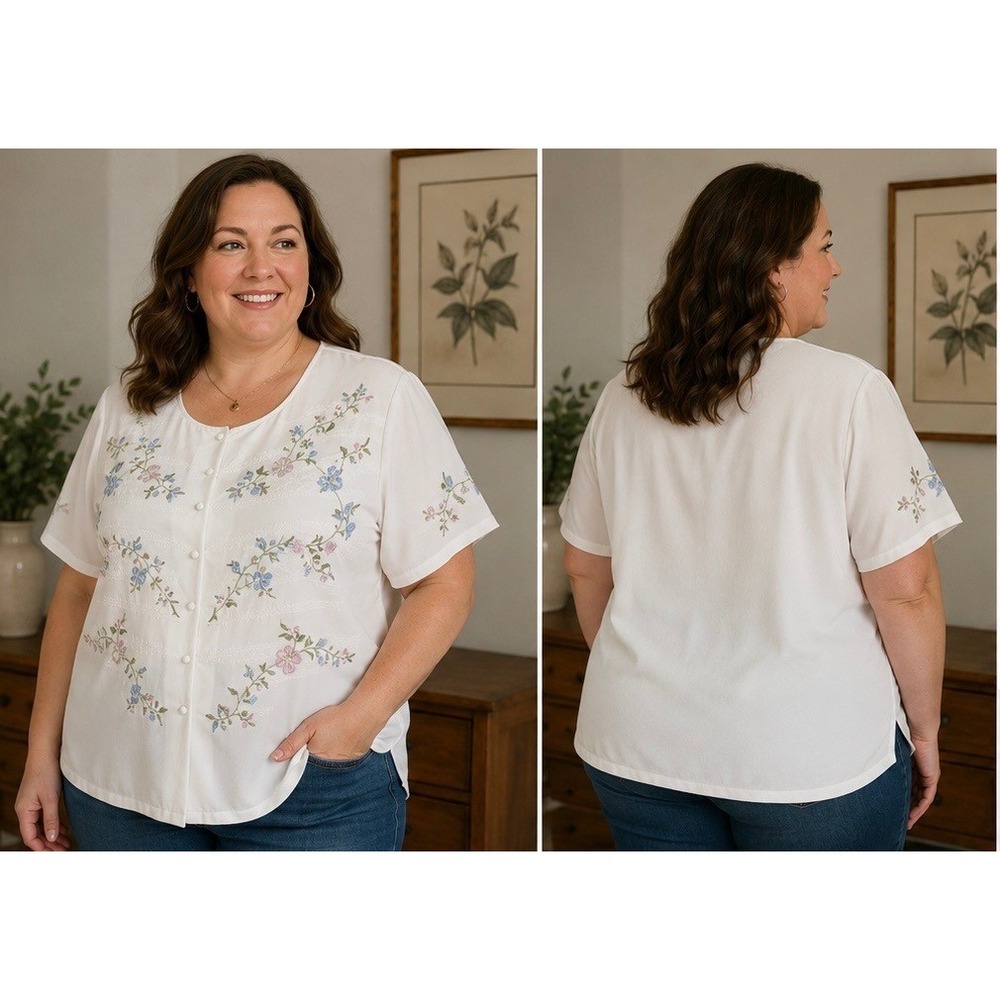 Vintage 80s Floral Embroidered Button Up Blouse Short Sleeve White Cottagecore